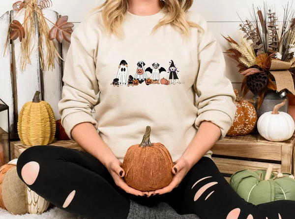 Halloween Ghost Dogs Printed Sweatshirt, Halloween Puppies And Dogs Sweater, Spooky Season Dog Lover Sweaters, Gothic Dogs Halloween Outfits