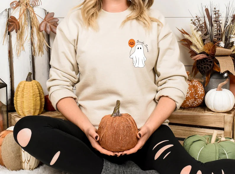 Halloween Ghost Jumper, Ghost with Pumpkin Balloon Printed Spooky Season Sweaters, Pumpkin Fall Cute and Scary Sweater, Autumn Fall Presents