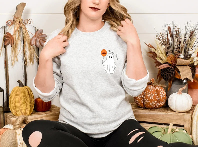 Halloween Ghost Jumper, Ghost with Pumpkin Balloon Printed Spooky Season Sweaters, Pumpkin Fall Cute and Scary Sweater, Autumn Fall Presents