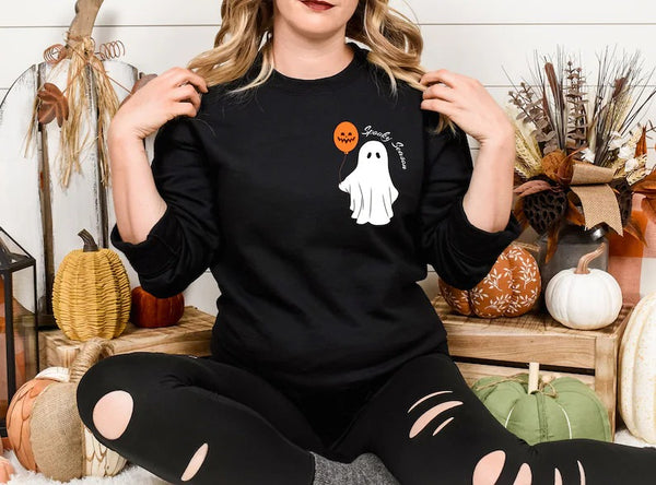 Halloween Ghost Jumper, Ghost with Pumpkin Balloon Printed Spooky Season Sweaters, Pumpkin Fall Cute and Scary Sweater, Autumn Fall Presents