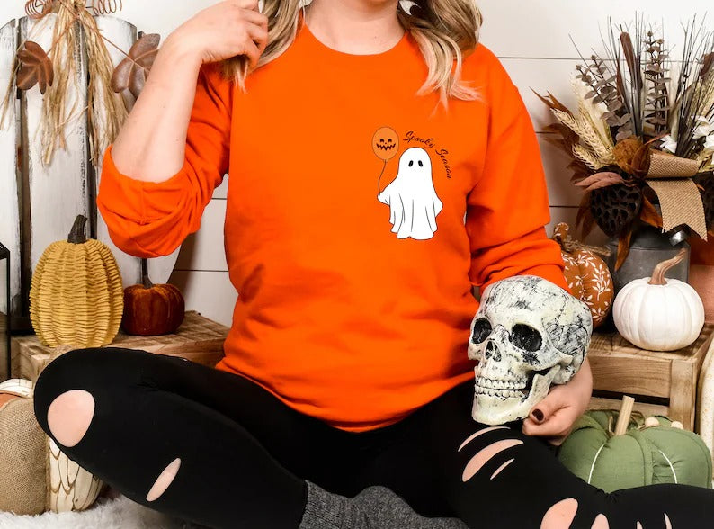 Halloween Ghost Jumper, Ghost with Pumpkin Balloon Printed Spooky Season Sweaters, Pumpkin Fall Cute and Scary Sweater, Autumn Fall Presents