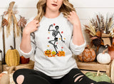 Fall Dancing Skeleton Jumper, Funny Skeleton Printed Halloween Sweatshirt, Thanksgiving Pumpkins Sweater, Unisex Halloween Top, Fall Sweater