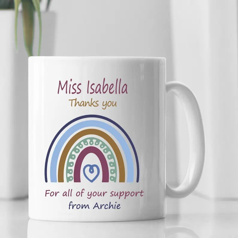 Personalised Rainbow Thank You Mug, Pastel Heart Rainbow Quote Coffee Mug, All you Support Thankful Teachers Cup, Appreciation Teachers Gift