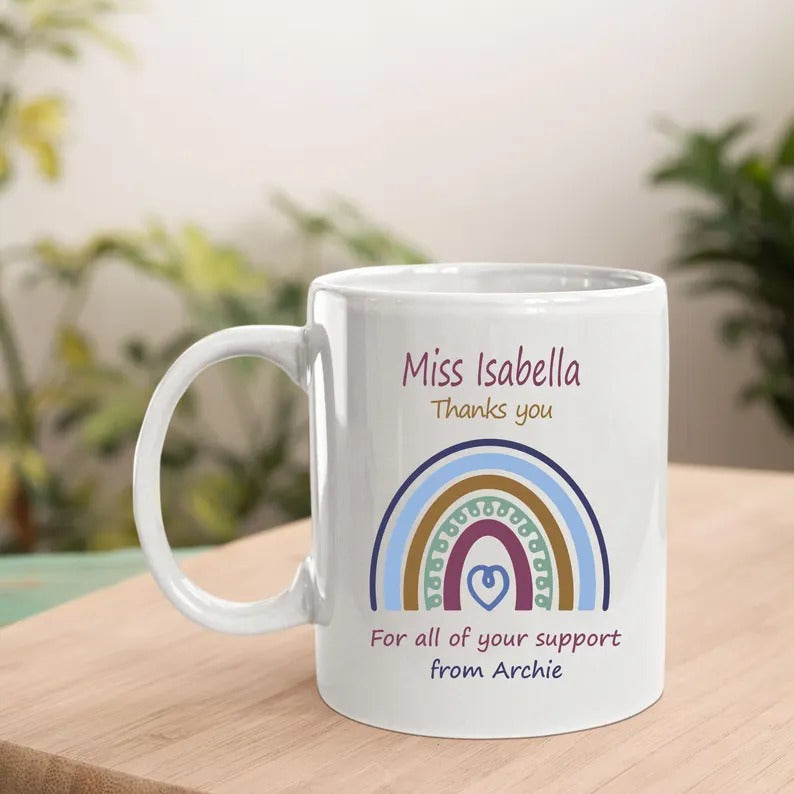 Personalised Rainbow Thank You Mug, Pastel Heart Rainbow Quote Coffee Mug, All you Support Thankful Teachers Cup, Appreciation Teachers Gift