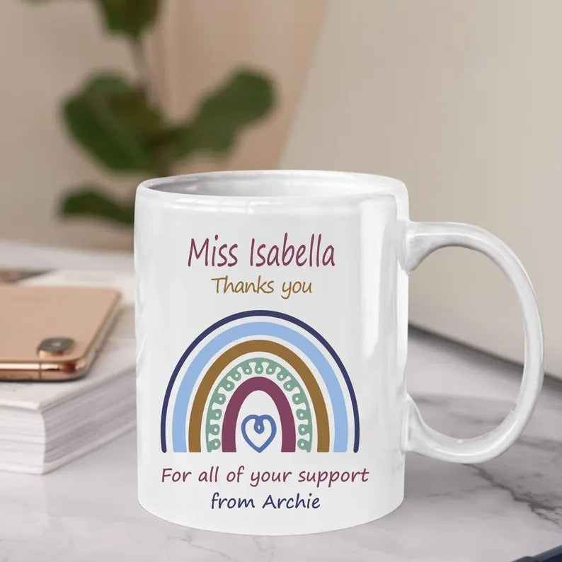 Personalised Rainbow Thank You Mug, Pastel Heart Rainbow Quote Coffee Mug, All you Support Thankful Teachers Cup, Appreciation Teachers Gift