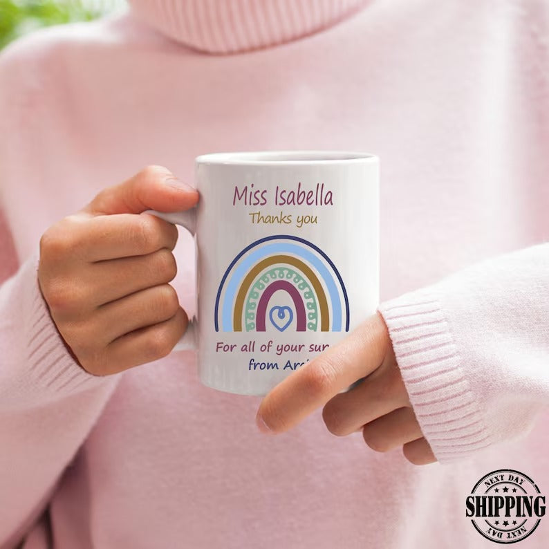 Personalised Rainbow Thank You Mug, Pastel Heart Rainbow Quote Coffee Mug, All you Support Thankful Teachers Cup, Appreciation Teachers Gift