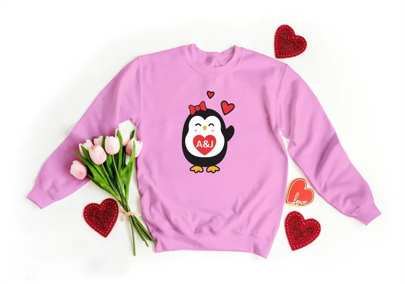 Cute Penguin Christmas Sweatshirt, Personalised Couple Initials Xmas Sweater, Christmas Animal Matching Jumper, Xmas Penguin Lovers Gifts