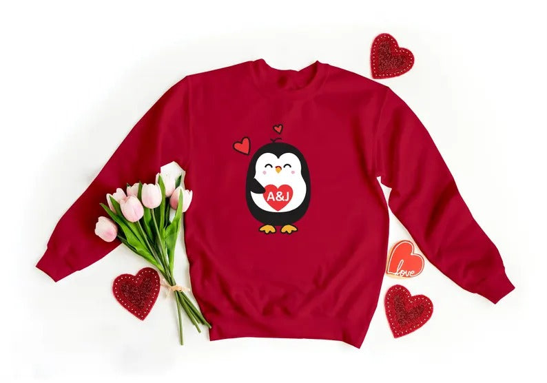 Cute Penguin Christmas Sweatshirt, Personalised Couple Initials Xmas Sweater, Christmas Animal Matching Jumper, Xmas Penguin Lovers Gifts