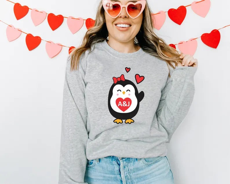 Cute Penguin Christmas Sweatshirt, Personalised Couple Initials Xmas Sweater, Christmas Animal Matching Jumper, Xmas Penguin Lovers Gifts