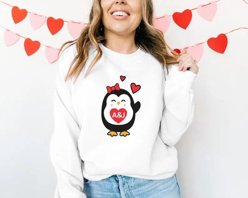 Cute Penguin Christmas Sweatshirt, Personalised Couple Initials Xmas Sweater, Christmas Animal Matching Jumper, Xmas Penguin Lovers Gifts