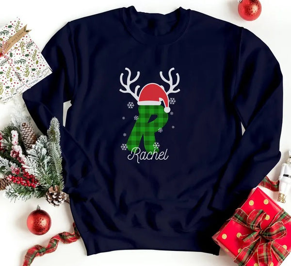 Custom Christmas Sweatshirt, Personalised Name & Initial Xmas Sweater, Buffalo Plaid Initial Printed Xmas Jumper, Best Christmas Party Gifts