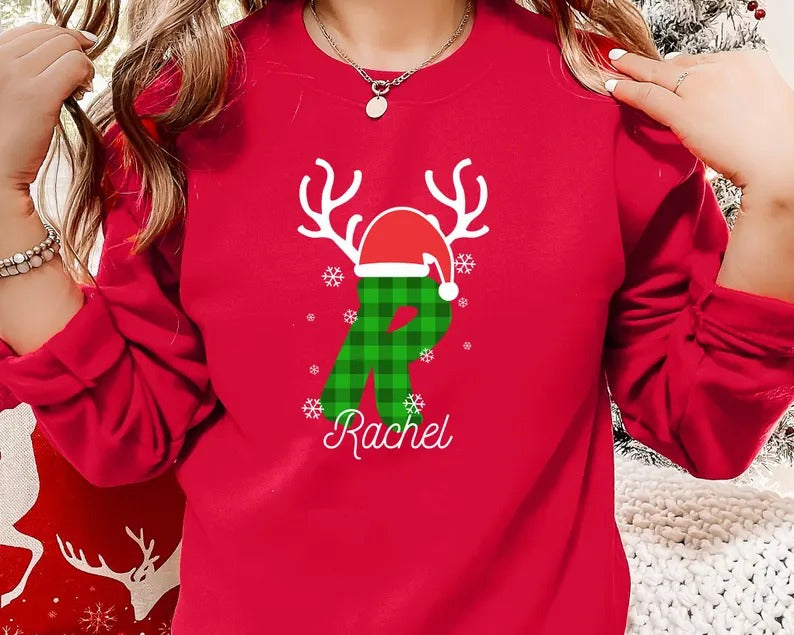 Custom Christmas Sweatshirt, Personalised Name & Initial Xmas Sweater, Buffalo Plaid Initial Printed Xmas Jumper, Best Christmas Party Gifts