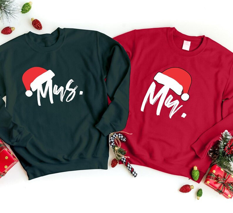 Santa Hat Mr & Mrs Christmas Sweatshirt, Christmas Newlywed Couple Sweatshirt, Xmas Holidays Matching Jumper, Wife Husband Xmas Eve Outfits