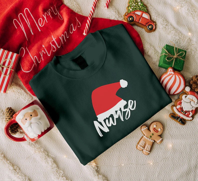 Santa Hat Nurse Printed Sweatshirt, Christmas Nicu Nurse Crewneck Sweater, Xmas Holidays Matching Jumper, Christmas Eve Party Nurse Gifts