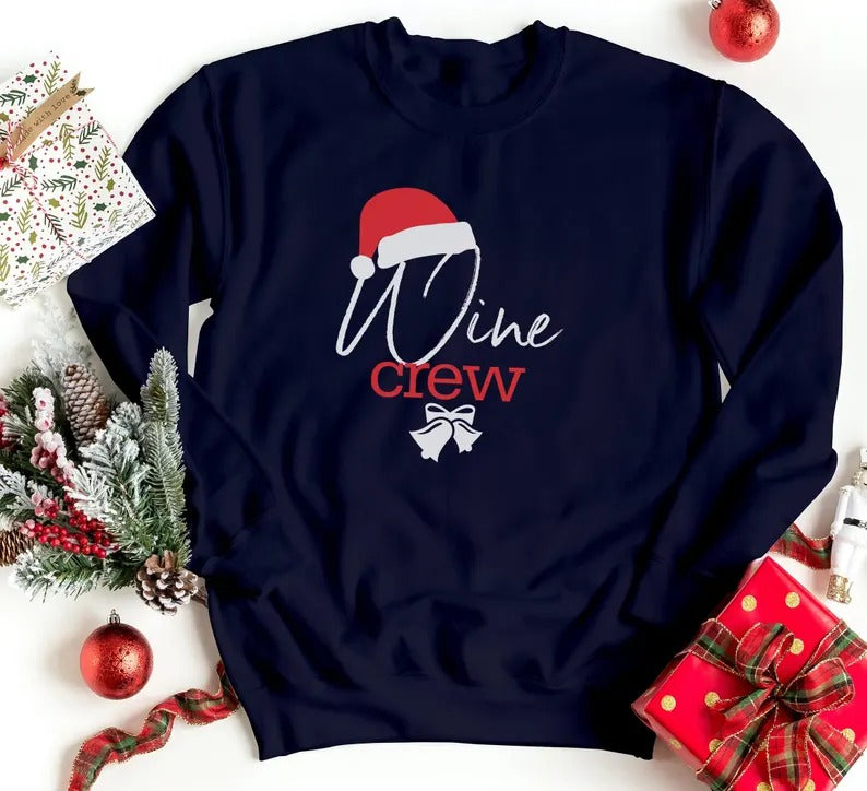 Christmas Wine Crew Sweatshirt, Xmas Santa Hat Printed Sweatshirt, Family Matching Christmas Holidays Jumper, Funny Xmas Eve Party Presents