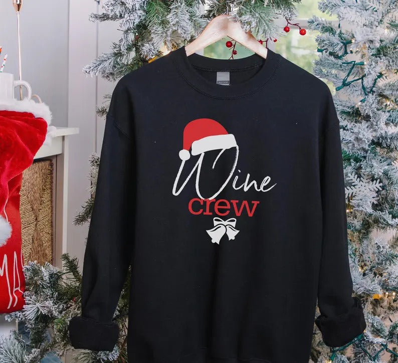 Christmas Wine Crew Sweatshirt, Xmas Santa Hat Printed Sweatshirt, Family Matching Christmas Holidays Jumper, Funny Xmas Eve Party Presents