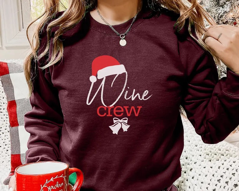 Christmas Wine Crew Sweatshirt, Xmas Santa Hat Printed Sweatshirt, Family Matching Christmas Holidays Jumper, Funny Xmas Eve Party Presents