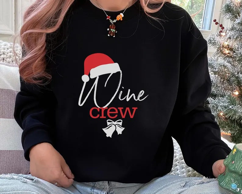 Christmas Wine Crew Sweatshirt, Xmas Santa Hat Printed Sweatshirt, Family Matching Christmas Holidays Jumper, Funny Xmas Eve Party Presents