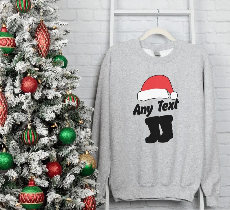 Custom Any Text Christmas Sweatshirt, Christmas Santa Hat & Shoes Printed Sweater, Xmas Eve Matching Jumper, Personalised Christmas Outfits