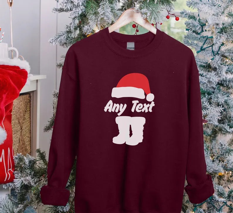 Custom Any Text Christmas Sweatshirt, Christmas Santa Hat & Shoes Printed Sweater, Xmas Eve Matching Jumper, Personalised Christmas Outfits