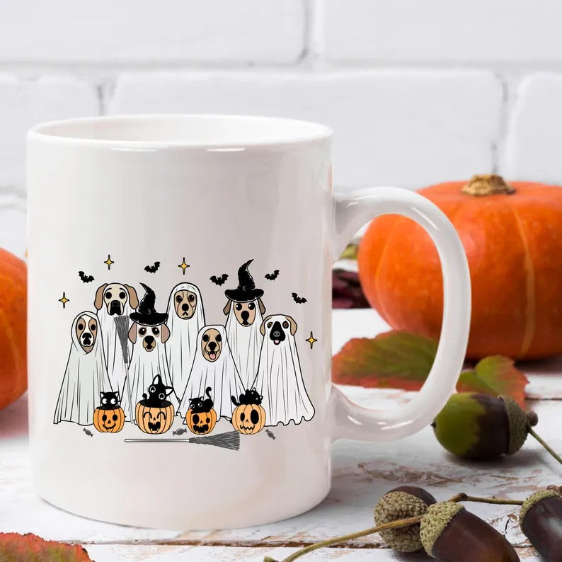 Vintage Cute Dog Ghosts Mug, Halloween Pumpkin Coffee Mug, Fall Boo Ghosts Spooky Vibes Mug, Funny Fall 11oz Ceramic Cup, Halloween Gifts