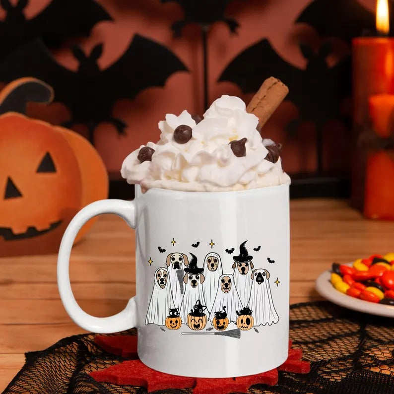 Vintage Cute Dog Ghosts Mug, Halloween Pumpkin Coffee Mug, Fall Boo Ghosts Spooky Vibes Mug, Funny Fall 11oz Ceramic Cup, Halloween Gifts