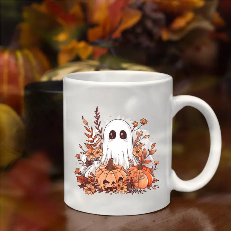 Halloween Cute Ghost Mug, Vintage Pumpkin Printed Mug, Fall Autumn Boo Ghost Coffee Mug, Spooky Season Ceramic Mug, Halloween Night Gifts