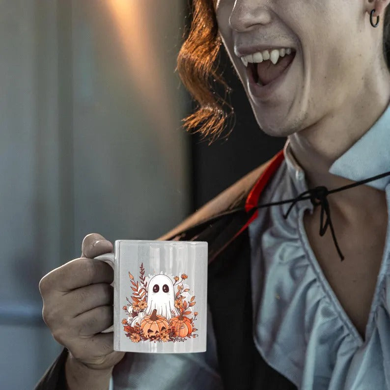 Halloween Cute Ghost Mug, Vintage Pumpkin Printed Mug, Fall Autumn Boo Ghost Coffee Mug, Spooky Season Ceramic Mug, Halloween Night Gifts