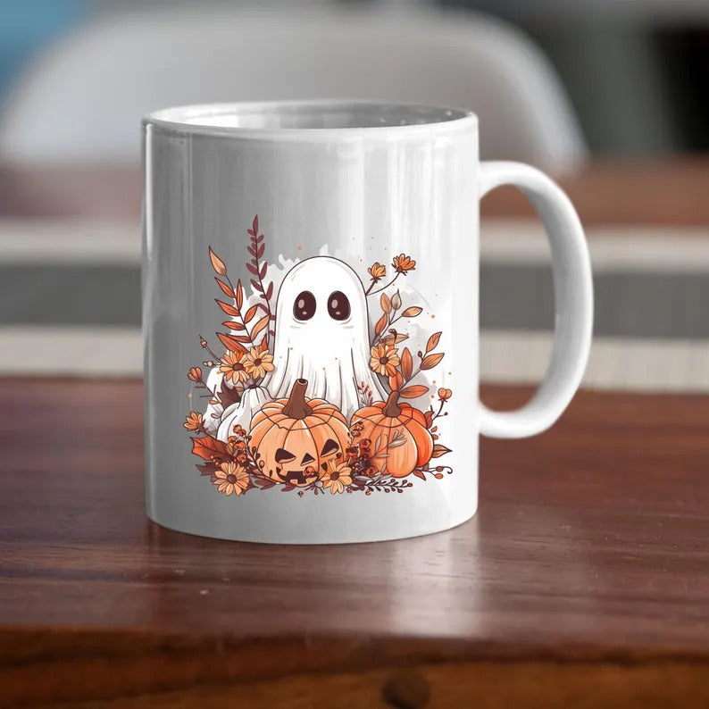 Halloween Cute Ghost Mug, Vintage Pumpkin Printed Mug, Fall Autumn Boo Ghost Coffee Mug, Spooky Season Ceramic Mug, Halloween Night Gifts