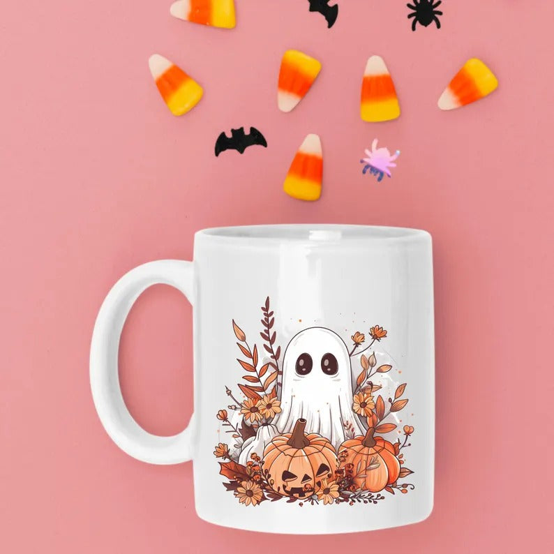 Halloween Cute Ghost Mug, Vintage Pumpkin Printed Mug, Fall Autumn Boo Ghost Coffee Mug, Spooky Season Ceramic Mug, Halloween Night Gifts