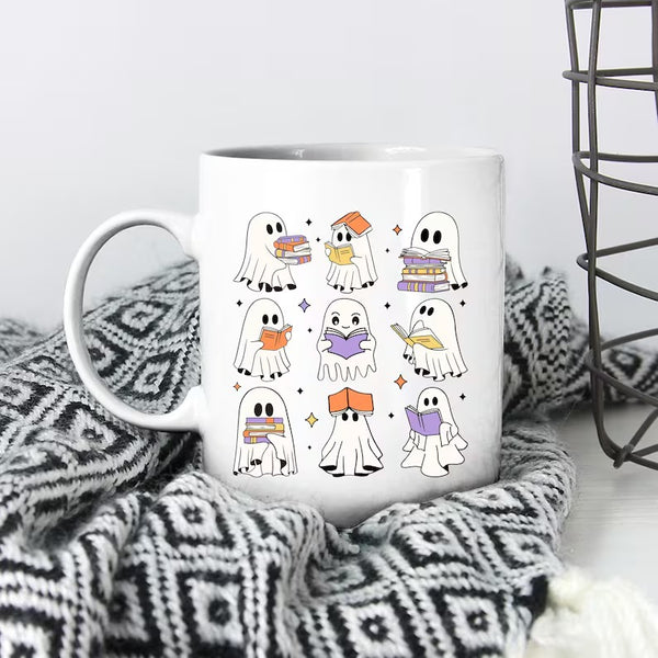 Halloween Ghost Bookish Mug, Cute Boo Ghost Book Reading Mug, Funny Fall Printed Cup, Spooky Season Mug, Halloween Book Lovers Coffee Mug