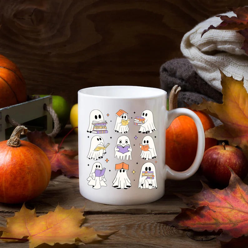 Halloween Ghost Bookish Mug, Cute Boo Ghost Book Reading Mug, Funny Fall Printed Cup, Spooky Season Mug, Halloween Book Lovers Coffee Mug