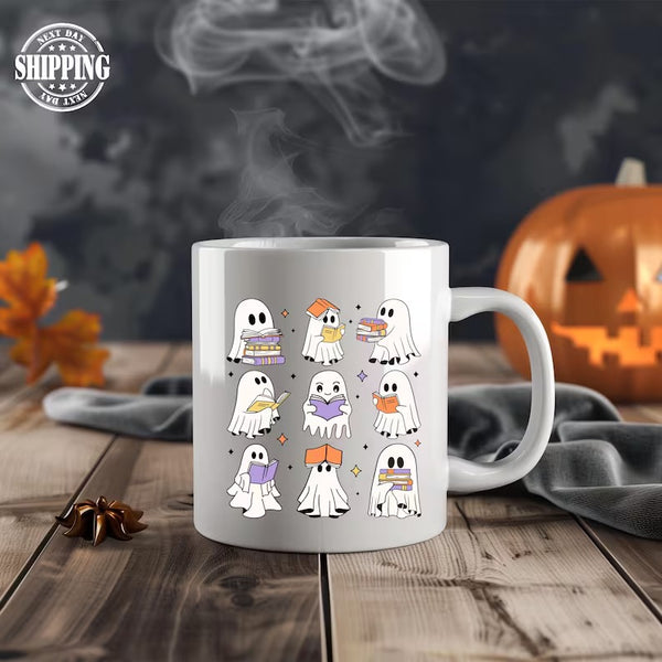 Halloween Ghost Bookish Mug, Cute Boo Ghost Book Reading Mug, Funny Fall Printed Cup, Spooky Season Mug, Halloween Book Lovers Coffee Mug