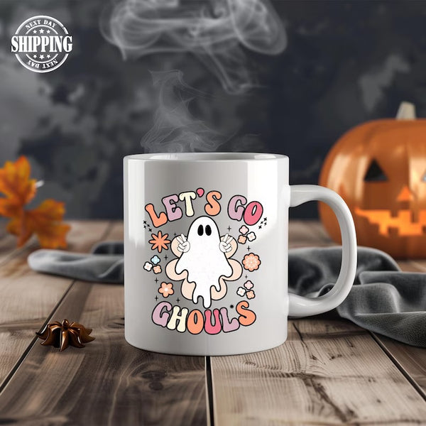 Lets Go Ghouls Halloween Mug, Spooky Boo Ghost Coffee Mug, Retro Funny Ghost Ceramic Printed Mug, Fall Halloween Coffee Cup, Halloween Gifts