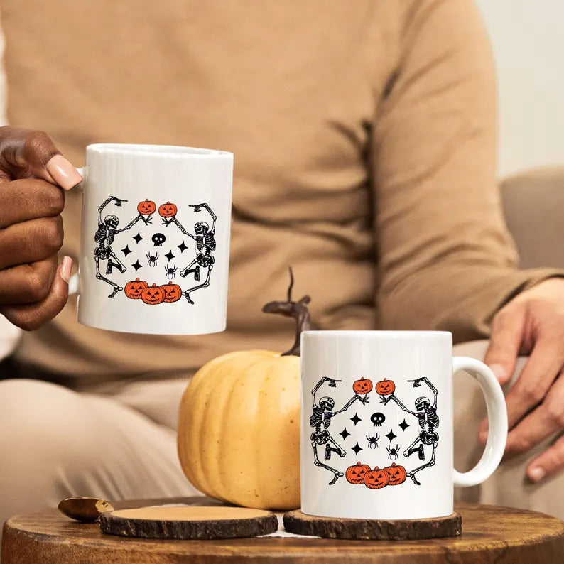 Funny Dancing Skeleton Coffee Mug, Retro Halloween Printed Mug, Vintage Fall Pumpkins Ceramic Mug, Spooky Season Cup, Fall Gift for Friends