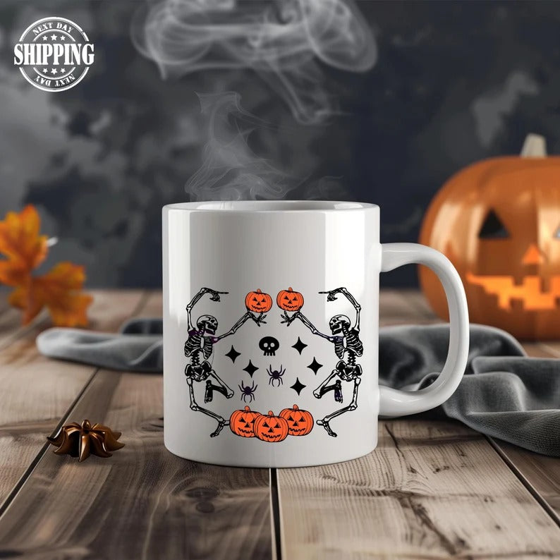 Funny Dancing Skeleton Coffee Mug, Retro Halloween Printed Mug, Vintage Fall Pumpkins Ceramic Mug, Spooky Season Cup, Fall Gift for Friends