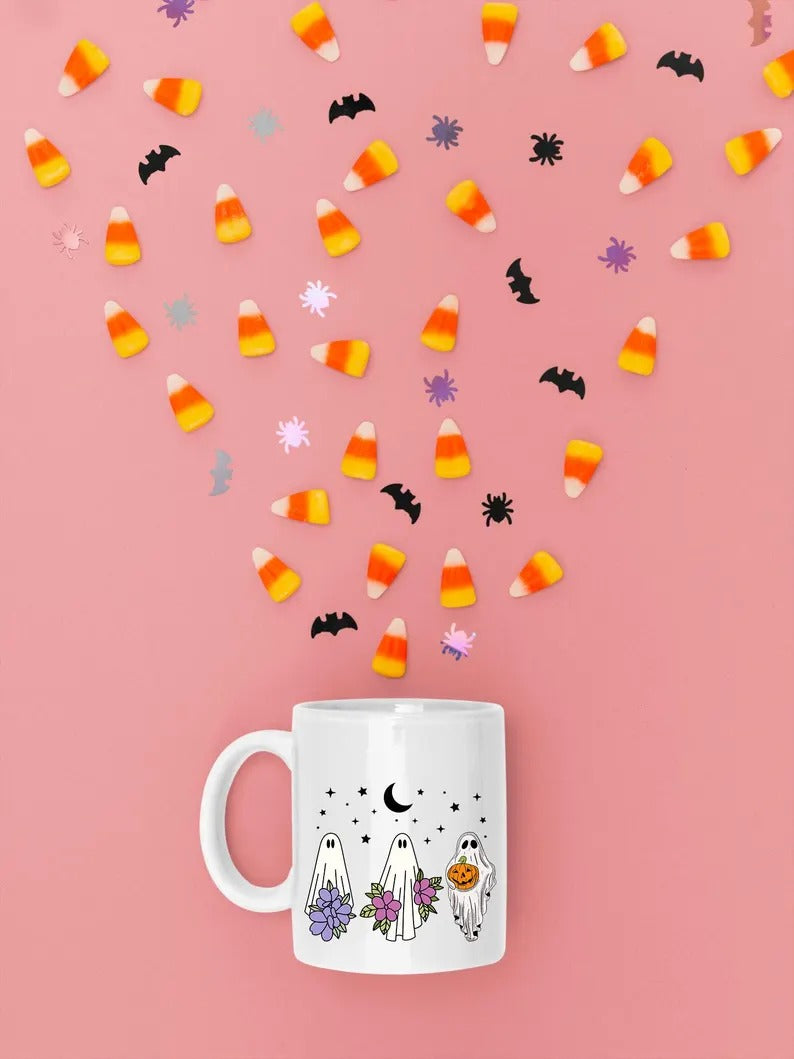 Cute Halloween Ghosts Mugs, Halloween Flowers Ghost Fall Coffee Mugs, Fall Birthday Gift For Sister, Ghost Lover Mugs, Girly Halloween Gifts