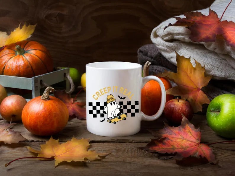 Halloween Ghosts Coffee Mugs, Creep It Real Halloween Printed Mugs, 11oz White Ceramic Cups, Ghost On Skateboard Cups, Fall Halloween Gifts