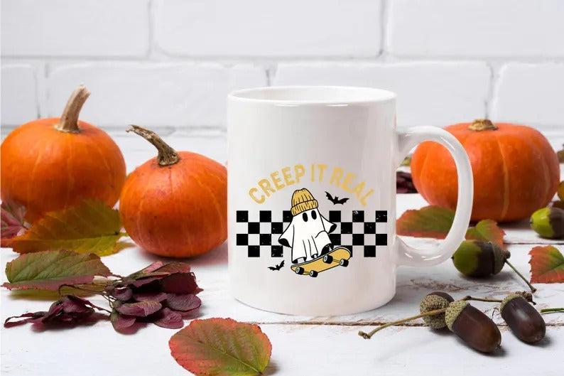 Halloween Ghosts Coffee Mugs, Creep It Real Halloween Printed Mugs, 11oz White Ceramic Cups, Ghost On Skateboard Cups, Fall Halloween Gifts