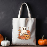 Halloween Ghost Tote Bags, Thanksgiving Pumpkins Spooky Printed Tote Bags, Halloween Shopping Bag, Spooky Cute Ghost Canvas Halloween Bags