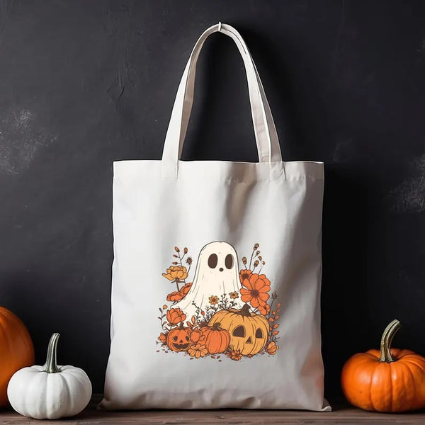 Halloween Ghost Tote Bags, Thanksgiving Pumpkins Spooky Printed Tote Bags, Halloween Shopping Bag, Spooky Cute Ghost Canvas Halloween Bags