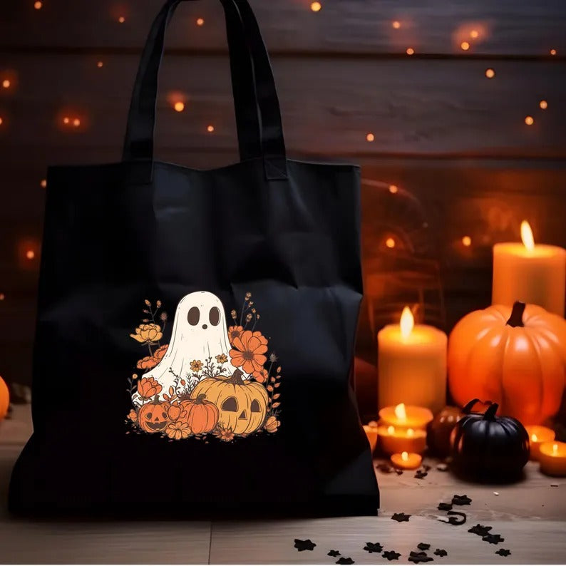 Halloween Ghost Tote Bags, Thanksgiving Pumpkins Spooky Printed Tote Bags, Halloween Shopping Bag, Spooky Cute Ghost Canvas Halloween Bags