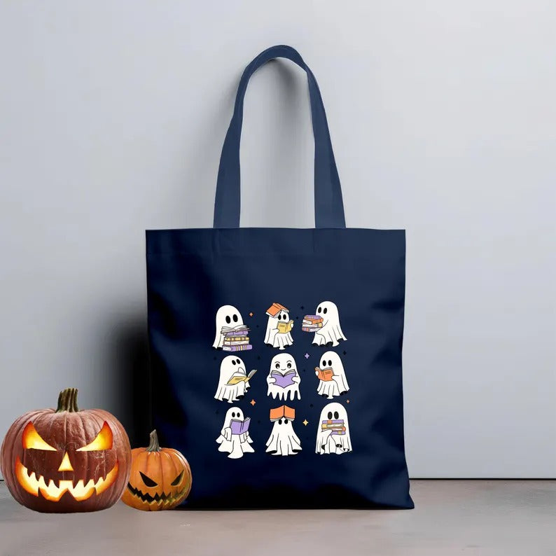 Ghosts Tote Bags, Cute Halloween Ghost Reading Books Printed Tote Bags, Halloween Bookish Ghost Bags, Spooky Season, Cotton Halloween Totes