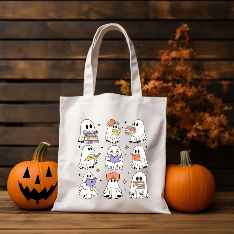 Ghosts Tote Bags, Cute Halloween Ghost Reading Books Printed Tote Bags, Halloween Bookish Ghost Bags, Spooky Season, Cotton Halloween Totes