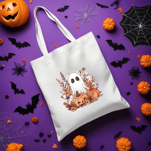 Aesthetic Halloween Ghost Tote Bags, Thanksgiving Spooky Printed Tote Bags, Halloween Pumpkins Bag, Spooky Cute Ghost Canvas Halloween Bags