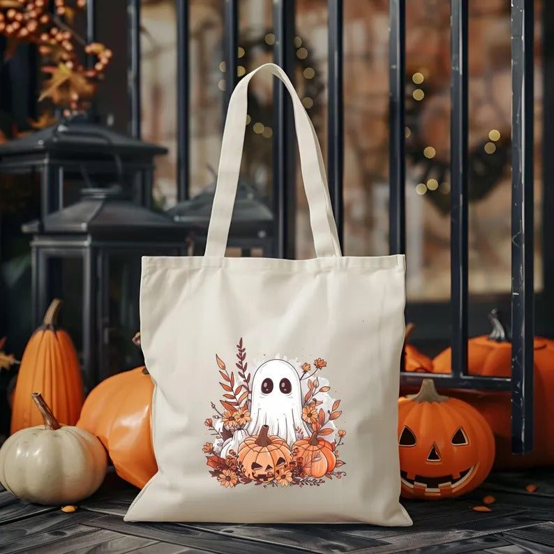 Aesthetic Halloween Ghost Tote Bags, Thanksgiving Spooky Printed Tote Bags, Halloween Pumpkins Bag, Spooky Cute Ghost Canvas Halloween Bags