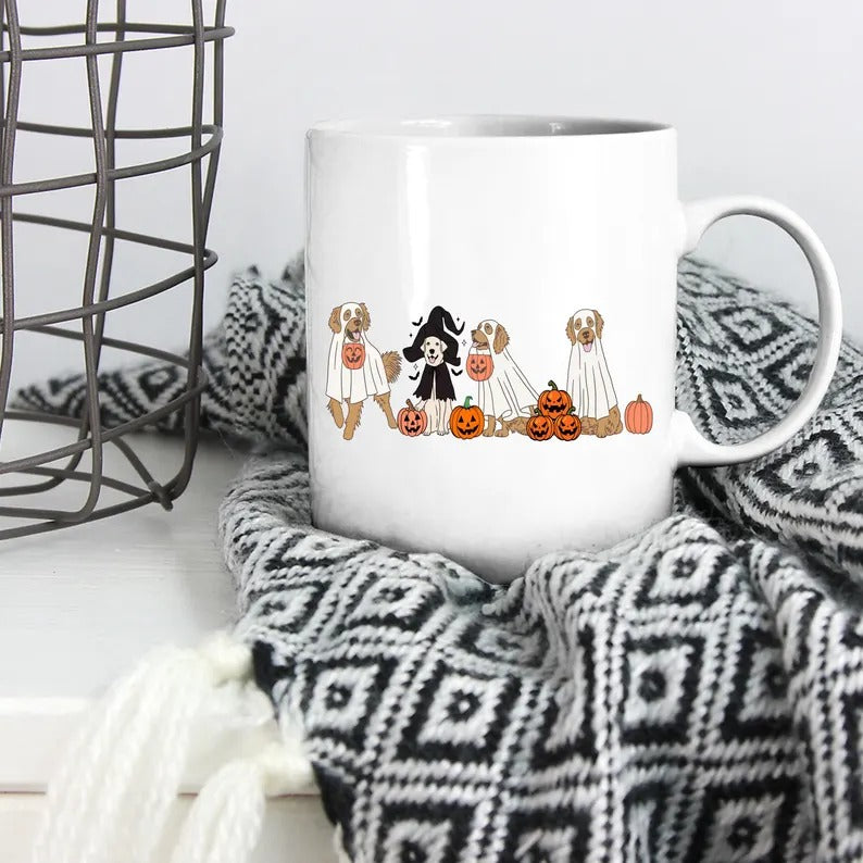 Ghost Dogs Halloween Mug, Funny Ghosts Printed Coffee Mug, Halloween Dog Lovers Ceramic Mug, Golden Retriever Dog Mugs, Fall Halloween Gifts