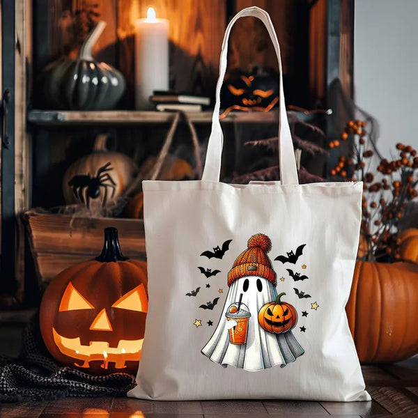 Halloween Cute Ghosts Tote Bags, Ghosts Drinking Coffee Printed Totes, Halloween Shopping Bags, Spooky Cute Ghost Canvas Bags For Halloween