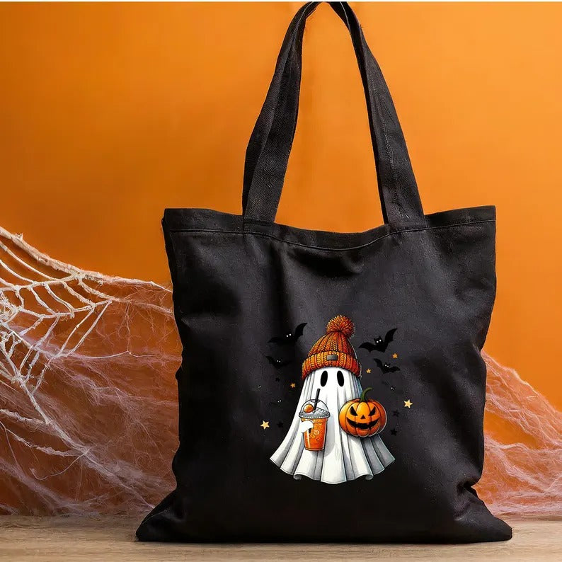 Halloween Cute Ghosts Tote Bags, Ghosts Drinking Coffee Printed Totes, Halloween Shopping Bags, Spooky Cute Ghost Canvas Bags For Halloween