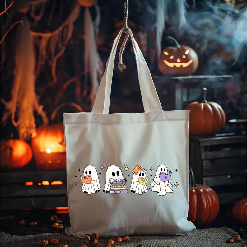 Halloween Floral Ghosts Tote Bags, Cute Halloween Ghosts Printed Bags, Spooky Season Bags, Cotton Shopping Tote Bags, Halloween Gift for Her